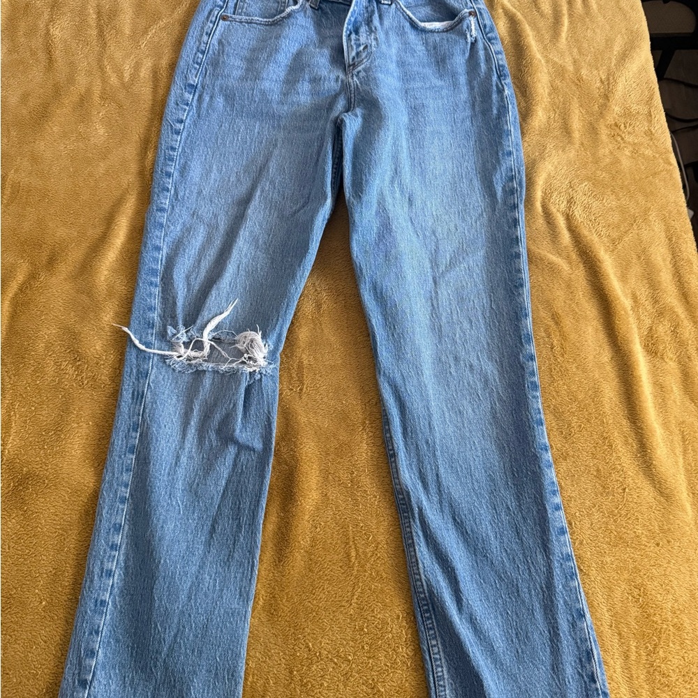 Abercrombie & Fitch Light Blue Distressed Straight Leg Jeans curve love mid rise
